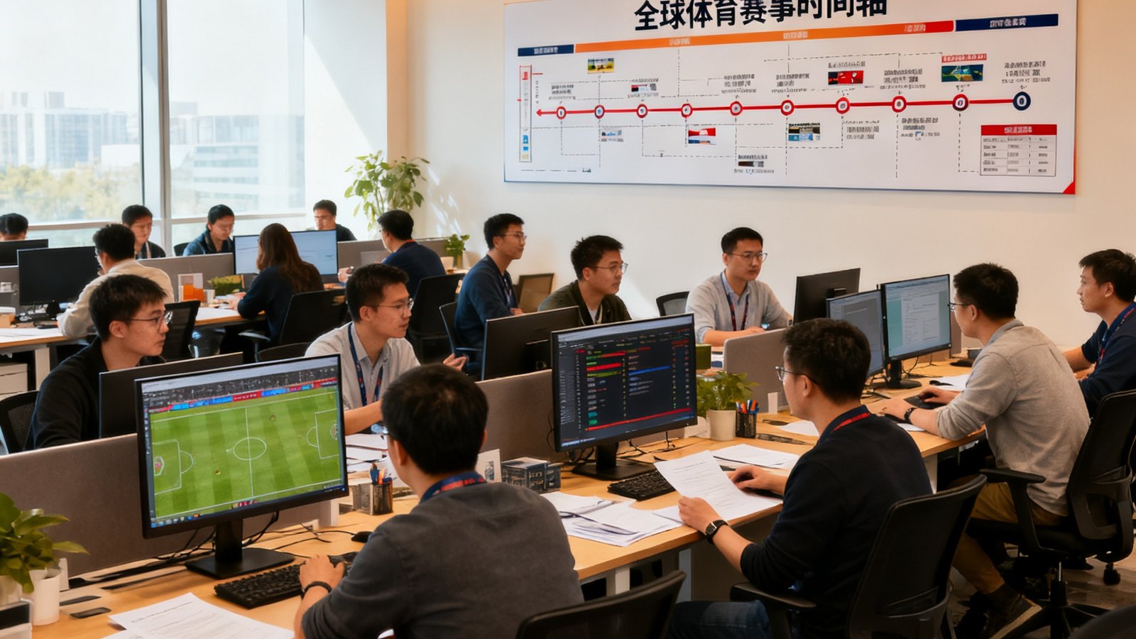 公海贵宾会员检测中心北京总部开放式办公区，数十位编辑和工程师正在讨论赛事数据模型，墙上挂着全球体育赛事时间轴图表