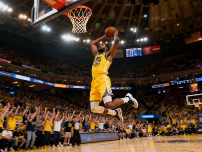 NBA赛场上球员飞身扣篮的精彩瞬间，球馆内灯光璀璨观众沸腾